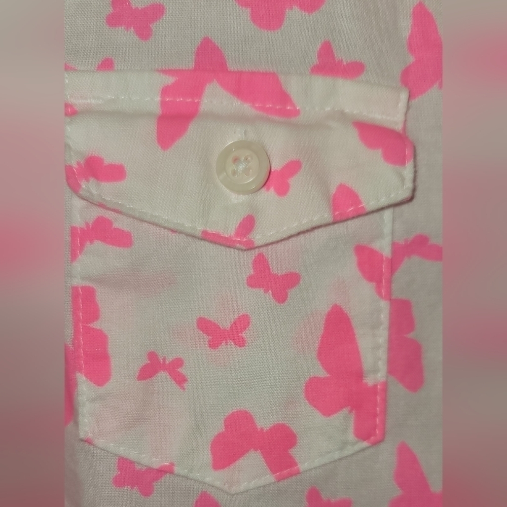 Neon Pink Butterfly Button-down Cotton Shirt - Picture 4 of 7